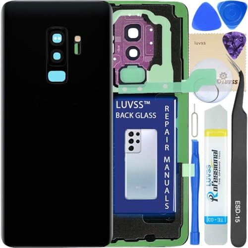 LUVSS Vitre Arrière pour Samsung Galaxy S9+ Plus SM-G965F/DS Noir Coque Cache Batterie avec Lentille de Caméra, Adhésifs, Kit Outils, Guide De Réparation