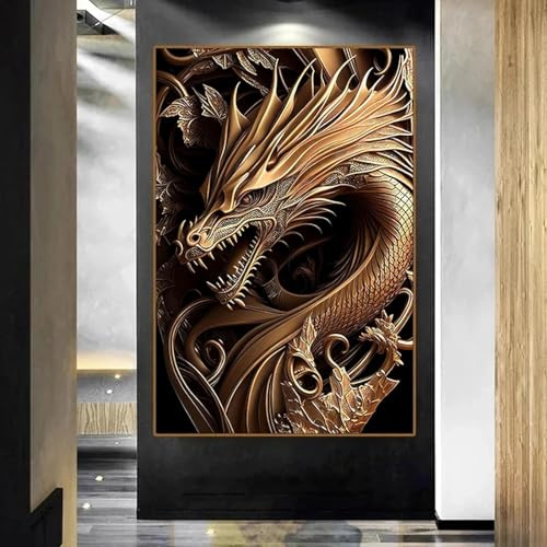 KEMEIQI Leinwandbild, Wandkunst, Gemälde „Der mächtige goldene Drache“, Leinwandplakate und -drucke, Bilder für moderne Wohnzimmerdekoration, Gemälde, 80 x 160 cm, rahmenlos