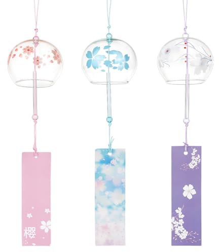 BENECREAT 3 Styles Carillons Éoliens Japonais Pourpre Rose Clochettes à Vent en Verre Motif Cerisier Bleu pour Cadeau de Mariage Ou de Festival Fenêtre de Jardin Décoration Extérieure Ou Intérieure
