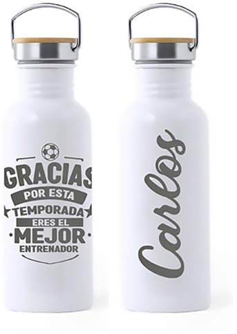 ENTRENADORES (TEDEDIKO Botella PERSONALIZADA de Agua Entrenador de Fútbol – Regalo Fin de Temporada con Frase Motivadora – Acero Inoxidable Grabado Láser – Agradecimiento Deportivo - BLANCO)