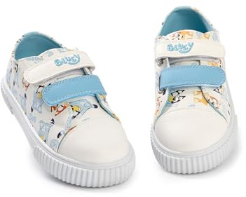 BlueY & Bingo Unisex-Kinder-Turnschuhe mit Mehreren Charakteren in Off-White | Alltagsschuh | Klettverschluss | Schuhe mit Cartoon-Print für den Schulanfang