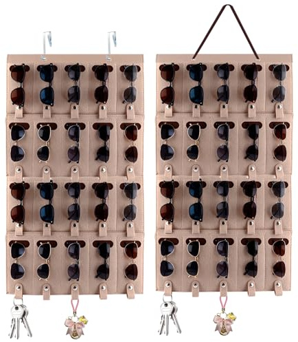 STARVAST 2 STÜCK Hängender Sonnenbrillen Organizer, 32 Taschen Doppelseitiger Brillen Schmuck Organizer Aufhänger, Staubdichter Wandmontierter Schmuck Brillen Aufbewahrungs Halter mit Haken