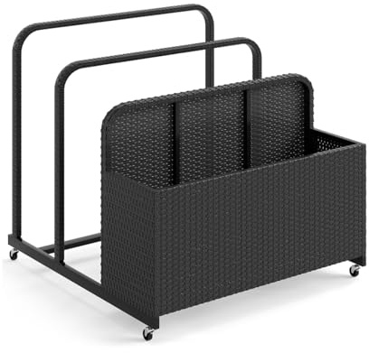 GIANTEX 2-IN-1 Pool Aufbewahrungsbehälter mit Rollen, Aufbewahrungsbox mit 2 Handtuchhaltern, Metallrahmen & Rattankasten, wasserfester Aufbewahrungskorb für Schwimmringe (Schwarz)