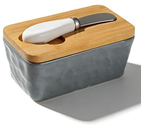 LoNinLoAn Ceramic Butter Dish with Lid, 400ML Grey | Ceramic Butter Container with Bamboo Lid and Butter Knife. Porcelain Butter Container for Butter, Nuts and Cheese.