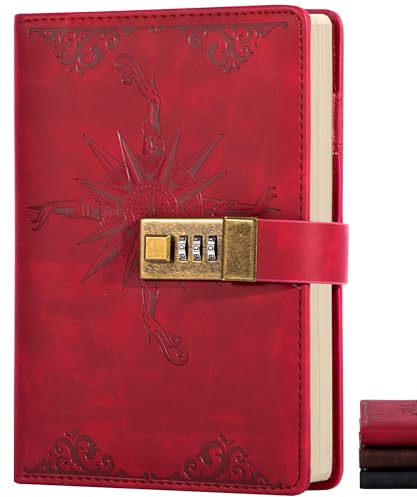 CAGIE Compass Leather Notebook A5 Journal With Lock for Men Hard Cover 160 Pages Lockable Diary Unlined Kraft Paper for Writing, Blank Travel Book Sketch Pad Red