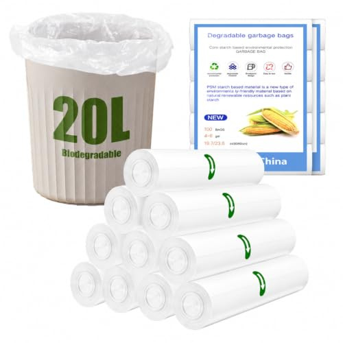 NARYVORA 200 Pièces Sac Poubelle Biodégradables 20L, 10 Rollen 50x60cm Sacs Poubelle, 4-6 Gal Ultra Résistant Trash Bag pour Cuisine, Maison, Bureau, Blanc