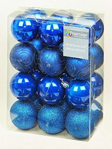 24 x Midnight Blue Shatterproof Christmas Tree Baubles Decorations Mixed Finishes by Premier