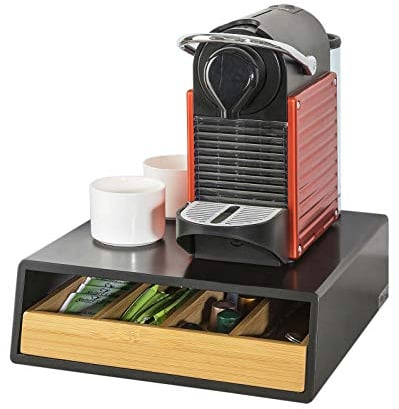 SoBuy Boîte à thé en bois avec compartiments – Organisateur de sachets de thé ou capsules café – Rangement compact avec tiroir en bambou pour cuisine ou plan de travail 31x30x10cm FRG280-SCH