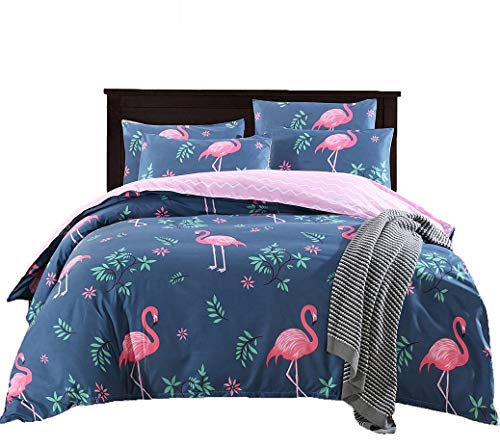 Sticker Superb 1 Personne Bleu Housse de Couette Flamant Rose Love Feuille Verte Ensemble de literie Housse de Couette 140 x 200 cm et Taie d'oreiller 50 x 75 cm (140_x_200_cm)