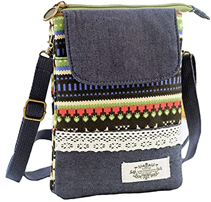 Kleine Stoff-Umhängetasche Schultertasche Kosmetiktasche Handytasche für Damen Jugendliche Baumwolle Boho Chic Style Indio Ethno Patchwork Look mit Spitze (Grüner Zipper)
