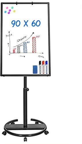 maxtek Flipchart Ständer, 90x60cm Flipcharts Whiteboard, Haken Verschieben Flipchart Papier, Magnetisch Beschreibbare Höhenverstellbar Flip Chart, 1 Radierer, 3 Markern und 6 Magneten, schwarz