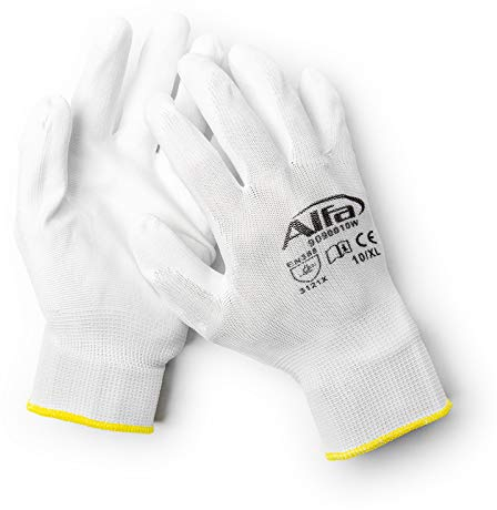 Alfa 24 Paar Malerhandschuhe weiß Größe 10 - XL Profi-Qualität PU-beschichtete Nylon-Feinstrickhandschuhe, gefühlsecht und sehr gutes Fingerspitzengefüh