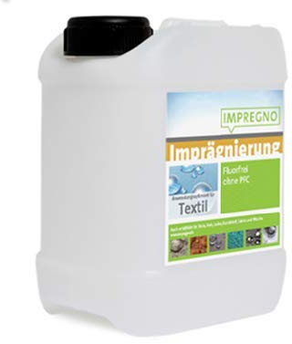 IMPREGNO Imprägnierung Textil 5 Liter fluorfrei Imprägniermittel Imprägnierspray für Stoff, Wasserbasierend, Feuchtigkeitbeständig, glatt, 5 Liter, Breite Abdeckung