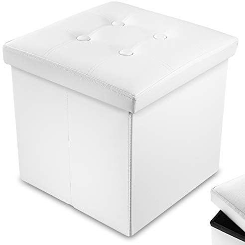 Nyxi Foldable Ottoman Storage Box, 38x38x38cm, 40L Capacity, Faux Leather, Multi-Purpose Seat, Foot Stool, Storage Organizer with Lid for Kids Toys, Bedroom, Hallway, Living Room White