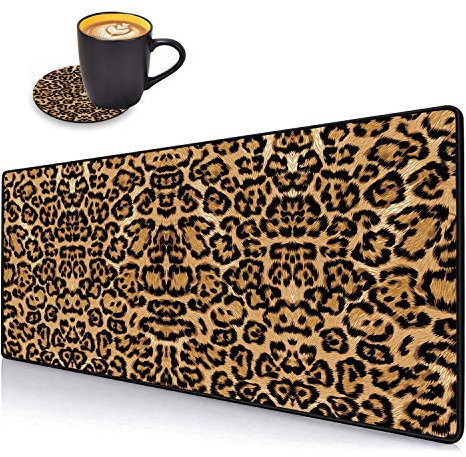 Schreibtischunterlage, Gaming-Mauspads mit Untersetzer-Set, genähte Kanten, XXL-Mauspad für Laptop, Computer, Leopardenmuster, Schreibunterlage für Büro und Zuhause, 80 x 30 cm