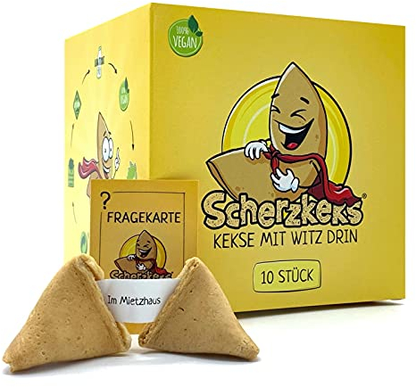 Scherzkeks 10er Box | 10 Kekse mit Scherzfrage & Antwort im Glückskeks, Lustige Geschenkidee Made in Germany, für Geburtstage, JGA, Familienfeiern, Weihnachten, Silvester