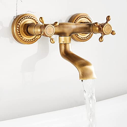 Rubinetto Bronzo a Muro Anticato Vintage Rotazione 180 ° Rubinetto per Cucina a Parete con Doppio Manopole in Ceramica Miscelatore