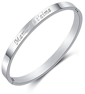 AFSTALR Bracelets Fin en Acier Inoxydable Bracelet pour Femme Personnalisé d’Inspiration Cadeau en Argent Bracelet Jonc Pour Maman Grand-mère avec Message Maman je t'aime Largeur 6mm