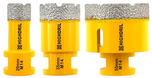 HIGHDRIL Diamant Bohrkrone - 3 Stücke 20/35/55mm x M14 Fliesenbohrer Lochsäge Fliesen für Porzellan Fliese Keramik Granit Marmor Trockenbohren Fliesen Diamantbohrer