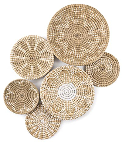Kubohub Juego de 6 cestas de pared bohemias hechas a mano con pasto marino para colgar en la pared, para costa, granja, decoración de pared bohemia, decoración única de mimbre