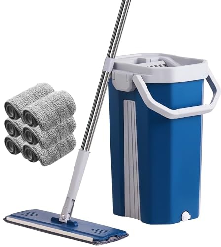 Mopa con Cubo Escurridor Plana Limpia Suelos Doble Función Mop Escurrefácil Escurridor Secado 6 Almohadillas Fregona Microfibra Absorbente Limpieza Hogar Madera Parquet Azulejo Mármol