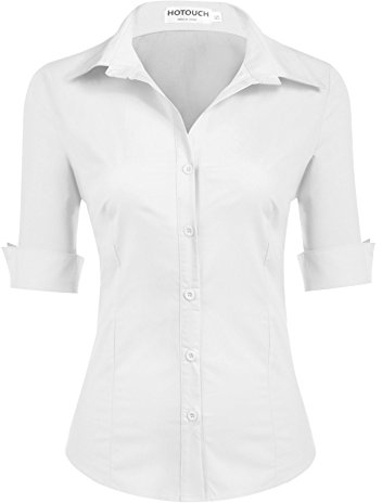 Hotouch Damen Weiß Hemd Kurzarm Slim Fit Blusen V-Ausschnitt Basic Shirt Button Down Casual Oberteile Tunika Tops Business Bluse Weiß S
