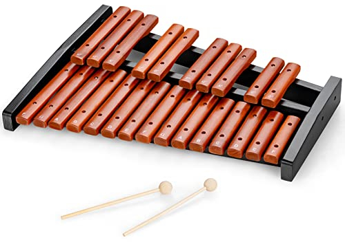 GOPLUS Xylophon mit 25 Tönen, Holz-Glockenspiel mit 2 Schlägeln & Tragetasche & Solider Basis, Harmonisches Schlaginstrument für Jugendliche & Erwachsene, Schwarz+Rotbraun
