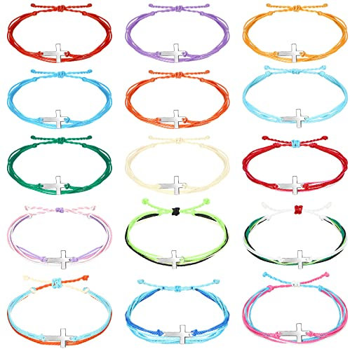 Inbagi 30 Pcs Friendship String Rope Cross Bracelet for Women Men, Adjustable Christian Nylon Rope Handmade Braided Cross Bracelet for Christian Party Favors, 15 Colors, as shown in the picture, Nylon