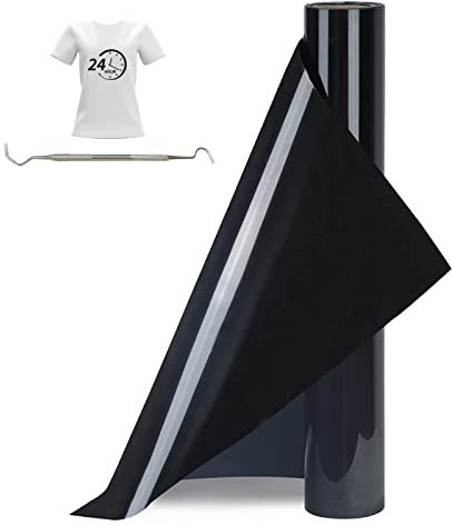 Bocguy Rouleau Vinyle Thermocollant Noir pour Tissus 30,5 CM X 377 CM avec Outil Désherber, Flex Thermocollant pour Tissus, Cricut et Découpe Silhouette (Noir)