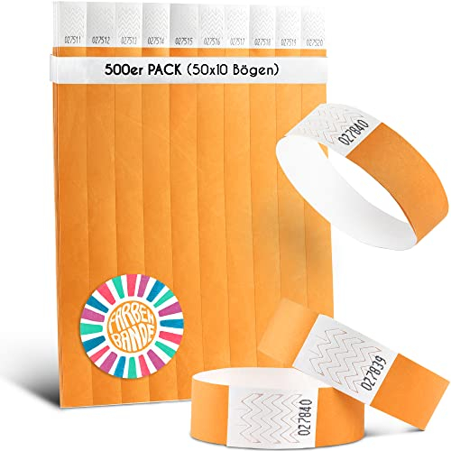 FARBEN BANDE® 500 Einlassbänder Neon Orange/Eintrittsbänder 19mm aus Tyvek/Party Bändchen reißfest, wasserdicht und nummeriert/farbige Partybänder/Einlassbändchen für Party, Festival & Feste