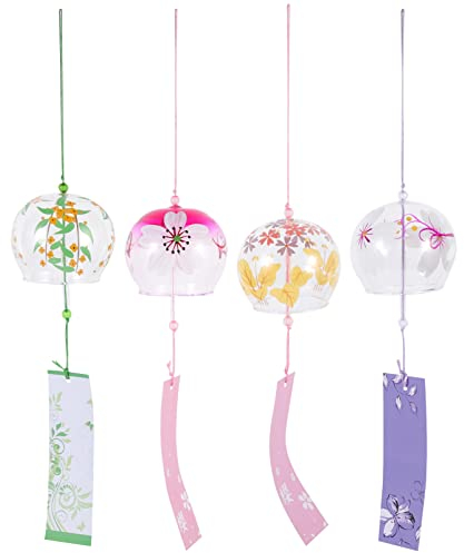Yardwe 4Er Set Japanische Windspiele Glas - Handgemalte Windspiel HäNgend FüR Balkon Deko, 7 X 8 cm, KirschblüTen & Herbstblumen