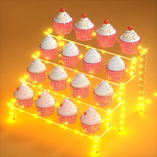 Acryl-Erhöhungsregal, Cupcake-Ständer, Dessert-Display-Erhöhung für Cake-Pop-Ständer, Thanksgiving-Kuchenhalter, ideal für Desserts, Kosmetik, Glaswaren, Figuren, 4 Etagen mit gelber Lichterkette