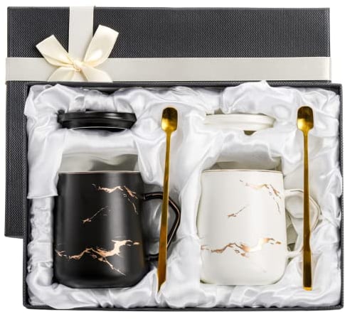 ZENFUN 2 Pack Ceramic Coffee Mugs with Gift Box, 14Oz/400ml Porcelain Mugs Set with Lid and Gold Spoon, Luxury Marbling Black and White Couple Mugs Gift for Men Women, Tea, Milk, Office and Home