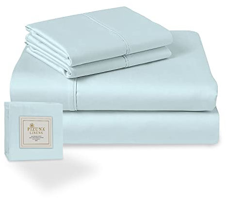Pizuna Coton Peigné Parure de Lit 90x200 cm Bleu bébé, 100% Coton Longue durée 400 Fils de Satin Comprend 1 Drap Housse, 1 Drap Plat, 1 Taie d'oreiller (Coton Draps 1 Personne)