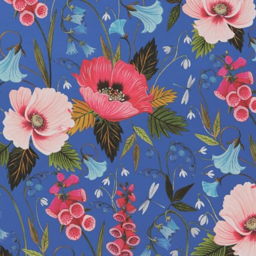 Nachhaltiges blaues Geschenkpapier mit Blumen und Libellen 50 cm x 50 m Rolle Geschenk-Verpackung