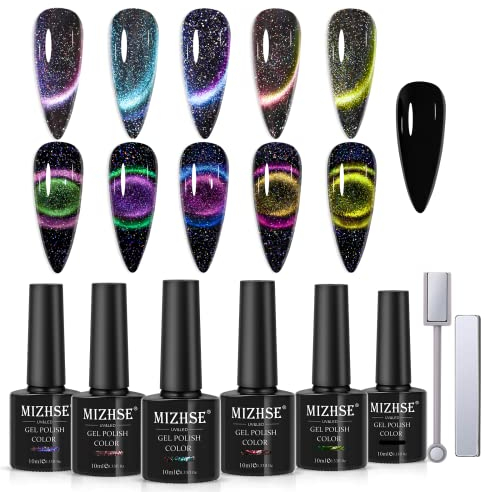 MIZHSE Cat Eye UV Cel Nagellack Set 6 Farben 9D Cat Eye Gel Nail Polish UV Gellack Cateye UV Gel Cat Eye Gel UV Nagellack Glitzer Reflektierend Schwarz Gelnägel mit Magnetstift DIY Nagelstudio 10ml