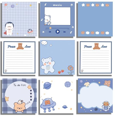 450x Süße Haftnotizen, Adeerus 9 Pack Kawaii Selbstklebende Klebezettel, Niedliche Bär Haftnotizzettel 8x8 cm Memo Notizblöcke Stiky Notes Set, Mitbringsel Geschenk für Kindergeburtstag Schulstarter