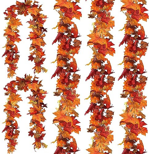 CQURE 3 Pack Artificial Autumn Fall Maple Leaf Garland, 5.9Ft/Piece Hanging Vine Garland Artificial Autumn Foliage Thanksgiving Decor for Home Wedding Fireplace Party Christmas