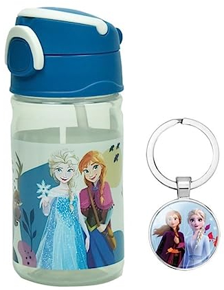 OM SUPPLIES Borraccia riutilizzabile con personaggi di Frozen, con manico integrato, per un facile trasporto, per scuola, pranzo, 350 ml, include portachiavi Frozen (Frozen)