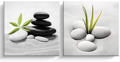 LZIMU Zen Canvas Wall Art 2 Panels Gray Stones and Green Leaf on the Sand Picture Prints Bathroom Artwork for Yoga Massage Meditation Spa Room Decor Framed (Zen-2, 10.00x10.00x2)