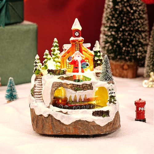 Auniq Weihnachten Ornament Glühende Harz Haus Weihnachten Dekor,Schnee Stadt Szene Weihnachtsfigur Haus mit Musik, Licht Xmas Harz Haus Weihnachten Micro Landschaft Dekor für Weihnachten