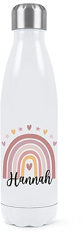 Personalised Pastel Pink Rainbow Name Double Wall Water Bottle Insulated Stainless Steel Sports Drinks 500ml White