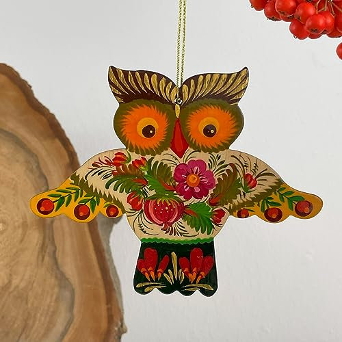 Rustikaler Christbaumschmuck Eule aus Holz Farbenfrohe Beidseitig Handbemalt 9,5 х 12 х 0,5 cm TraditionellerUkrainischer Weihnachtsschmuck Handgemacht