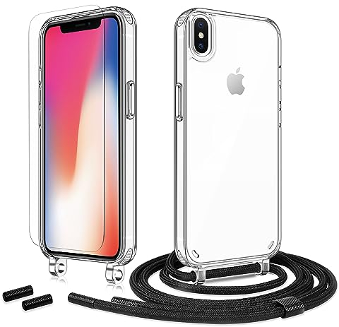 Anshow Handykette für iPhone XS Max Hülle mit Band + 1 Schutzfolie, Robust Necklace Extrem Stoßfest Handyhülle iPhone XS Max Case Transparent Schutzhülle zum Umhängeband Abnehmbar, Schwarz