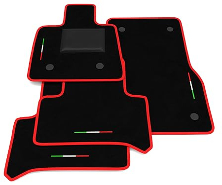 Tappetini compatibili con Alfa Romeo Stelvio 2017-2025, ricamo bandiera Italia, kit tappetini auto personalizzati, set tappeti in moquette, bordo rosso.
