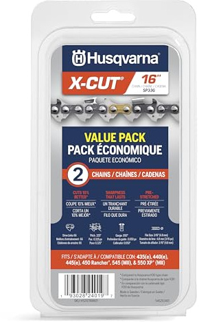 Husqvarna X-Cut SP33G 16 Inch Chainsaw Chain, 2 Pack, 325 Pitch, 050 Gauge, 66 Drive Link Chainsaw Blade Replacement, Pre-Stretched and Low Kickback, Gray