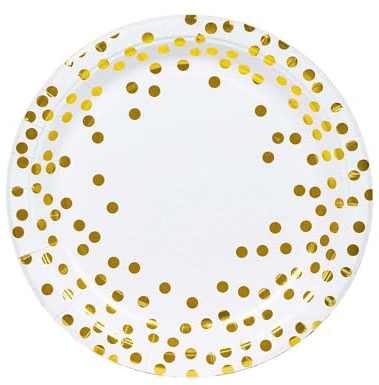 BOKFJBP 50 Pack Party Plates, 9 inch White and Gold Dessert Plate Set Disposable Dinner Plates Party Tableware for Wedding Graduation Birthday Baby Shower New Year Festivals Decorations