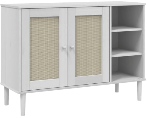 vidaXL Sideboard, Kommode mit 5 Fächern 2 Türen, Highboard Wohnzimmerschrank mit Rattan-Optik, Schrank Anrichte Beistellschrank, Weiß Kiefernholz