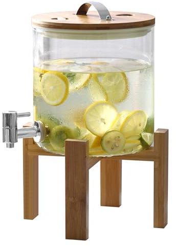 Distributeur de Boisson en Verre,5L Carafe à Whisky avec Support en Bois,Robinet,Jarre en Verre pour Limonades,Tonneau de Vin en Verre pour Boissons Chaudes ou Froides,pour Eau,Cocktails,Jus