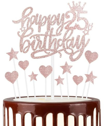 Happy 25th Birthday Cake Toppers, Rose Gold Cake Cupcake Toppers for Cake, Glitter Heart Stars Cake Toppers, Birthday Gift, Personalised Cake Toppers for Women Girls 25th Birthday Cake Decorations